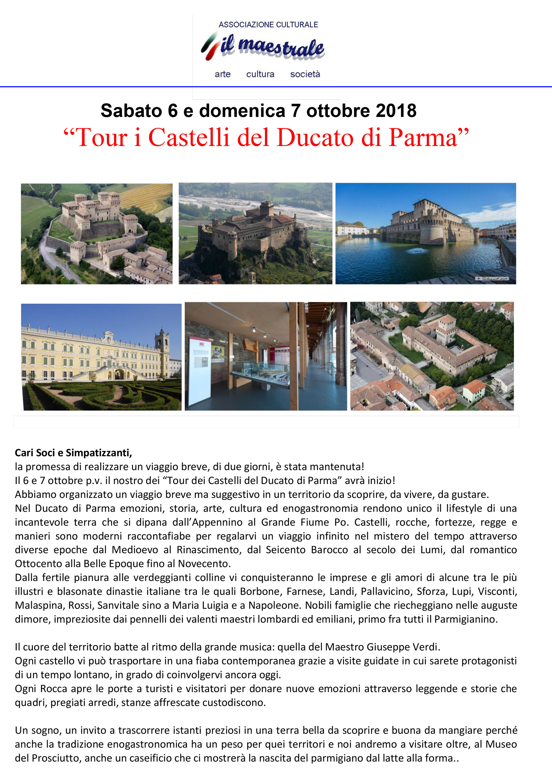 Sabato 6 e domenica 7 ottobre 2018 “Tour i Castelli del Ducato di Parma”